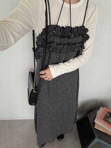 FRIFUL Women's Ruffle Strap Long Dress Vacation Brunch Dark Grey Summer French Elegant French - Grey - View 2