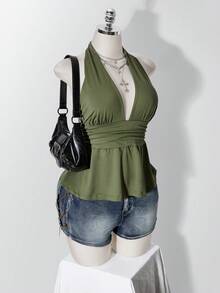 SHEIN ICON 大尺碼掛脖深V領收腰A字露背波點背心上衣，復古Y2K波點掛脖背心，娃娃裝波點掛脖露背上衣 - 軍綠色 - 查看 8