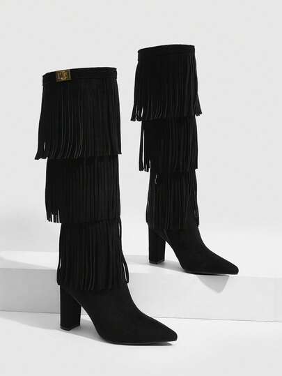 CUCCOO SZL Outdoor Ladies Pointed Heel Fleece Strip Decorated Fabric Fashion Comfortable Daily Party Banquet Side Zipper Boots