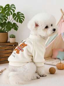 PETSIN 1pc Pet Embroidery Hand In Hand Love Bear Hoodie, Cat And Dog Universal Clothing, Daily Casual Open Top - Beige - View 4