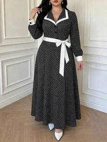Vibekara Frühling/Herbst elegantes modisches minimalistisches Date-Pendler-Stil Langarmkleid, Reverskragenkleid mit Seitenfalten, rotes Langarmkleid, Schleife, Urlaub, Sommer Damen Outfit, Frühling/Herbst japanisches süßes niedliches schwarz-weißes Polka-Dot-Kleid, neues zierliches College-Stil verjüngendes schlankmachendes elegantes professionelles Date-Langkleid, Sommer neues französisches lockeres Kleid - Schwarz und Weiss - Übersicht 4