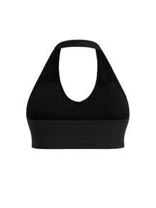 SHEIN Cheerettes Women's Plus Size Seamless Solid Color Daily Fitness Halter Neck Black Sports Bra High Stretch Breathable Moisture Wicking Halter Neck Removable Pads - Black - View 5