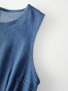 SHEIN MOD 女款圓領拼色休閒日常牛仔洋裝 - 藍色 - 查看 3