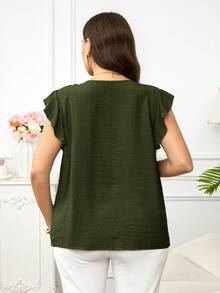 Reflora Plus Size Women's Textured Patchwork Ruffle Trim Lace Loose Short Sleeve Blouse, Spring/Summer - Army Green - View 2