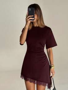 Aloruh Women's Elegant Round Neck Asymmetrical Hem Lace Patchwork Cinched Waist Short Sleeve Mini Dress Date Night Holiday Evening Night Out Burgundy Summer - Burgundy - View 6