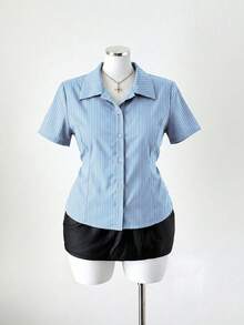 Sunspun 女款大尺碼淺藍色收腰休閒襯衫，1960年代與90年代風格，適合返校季、畢業季、夏季、教師節、辦公室與教師穿著 - 藍色 - 查看 7