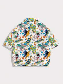 LOONEY TUNES X SHEIN FROVYX Men's Letter Cartoon Print Short Sleeve Single-Breasted Cropped Shirt Vacation White Summer Streetwear - Multicolor - View 2