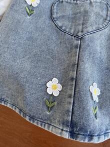 SHEIN 2件組女嬰休閒可愛翻領長袖上衣與3D花朵裝飾吊帶褲套裝，適合春/秋日常穿著 - 藍色 - 查看 4