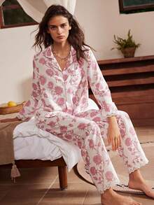 Lullawish Conjunto de pijama para mujer elegante vintage romántico con estampado floral, encaje bordado y patchwork, cómodo y tejido - Multicolor - Ver 1