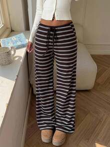 CovetEZ Women's Drawstring Waist Striped Casual Versatile Daily Travel Long Pants - Brown - View 9
