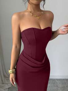 Allurite Sommer Neues sexy Kleid, trägerlos mit Kunst-Fischgräten-Linien-Dekor, figurbetontes Meerjungfrau-Langkleid, Taillendrapierung-Design, Hochzeit, Abendessen, Cocktail, elegant - Bordeaux - Übersicht 3