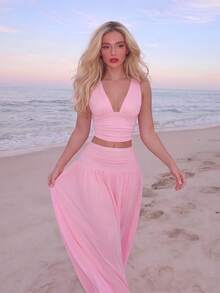 Turnttoni Women's Elegant V-Neck Camisole And High Waist Mesh Skirt 2-Piece Set, Spring/Summer Pink - Pink - View 6