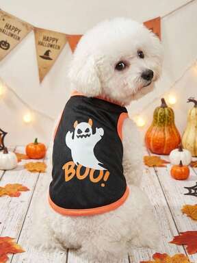 PETSIN 1 Piece Cute Black Funny Little Ghost Letter Printed Pet Vest With Color Matching, Soft And Breathable, Anti Shedding Sleeveless Pet Clothes
