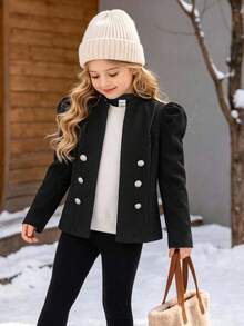 SHEIN Tween Girl Girls Slim Fit Elegant Gigot Sleeve Open Front Autumn Jacket - Black - View 6