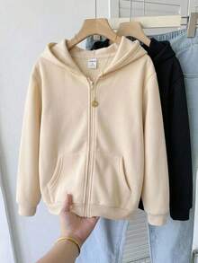 SHEIN Set 2 Potong Sweatshirt Rajut Minimalis Kasual Nyaman untuk Anak Perempuan Remaja, Cocok untuk Jalan-jalan, Sekolah, Pakaian Sehari-hari, Musim Gugur/Musim Dingin - Aprikot - View 1