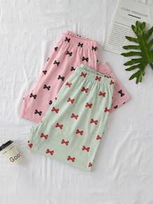 SHEIN Cotton Line 女款蝴蝶結印花多件組淺綠色粉色高腰舒適睡褲 2 件組居家休閒秋季可愛日系風 - 彩色 - 查看 4