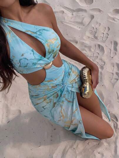Bonvoyette Women's One-Piece Swimsuit & Semi-Sheer Mesh Beach Maxi Skirt 2-Piece Set, Cream White Pearl White Solid Color, Elegant Fashion Asymmetrical One-Shoulder Cutout Hollow Shell Decor Old Money Style Sexy Swimwear For Swimming, Vacation, Beach