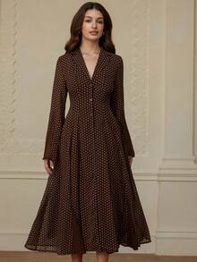 BELROSIE Stunning Coffee-Colored Elegant Lapel Collar Single-Breasted Cinched Waist Insert Long Sleeve Flared Shirt Dress For Women - Coffee - View 5