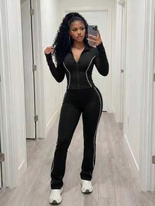 SHEIN BamGlam 2 件套女士秋冬运动套装，全拉链长袖立领撞色条纹夹克和高腰撞色条纹喇叭裤，适合休闲、跑步、瑜伽、健身 - 黑色 - 查看 6