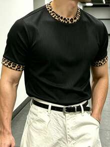 Resyla Men Men's Patchwork Leopard Print Crew Neck Short Sleeve Casual Streetwear T-Shirt Going Out Club Black And White Leopard Print Summer - Grey - View 3