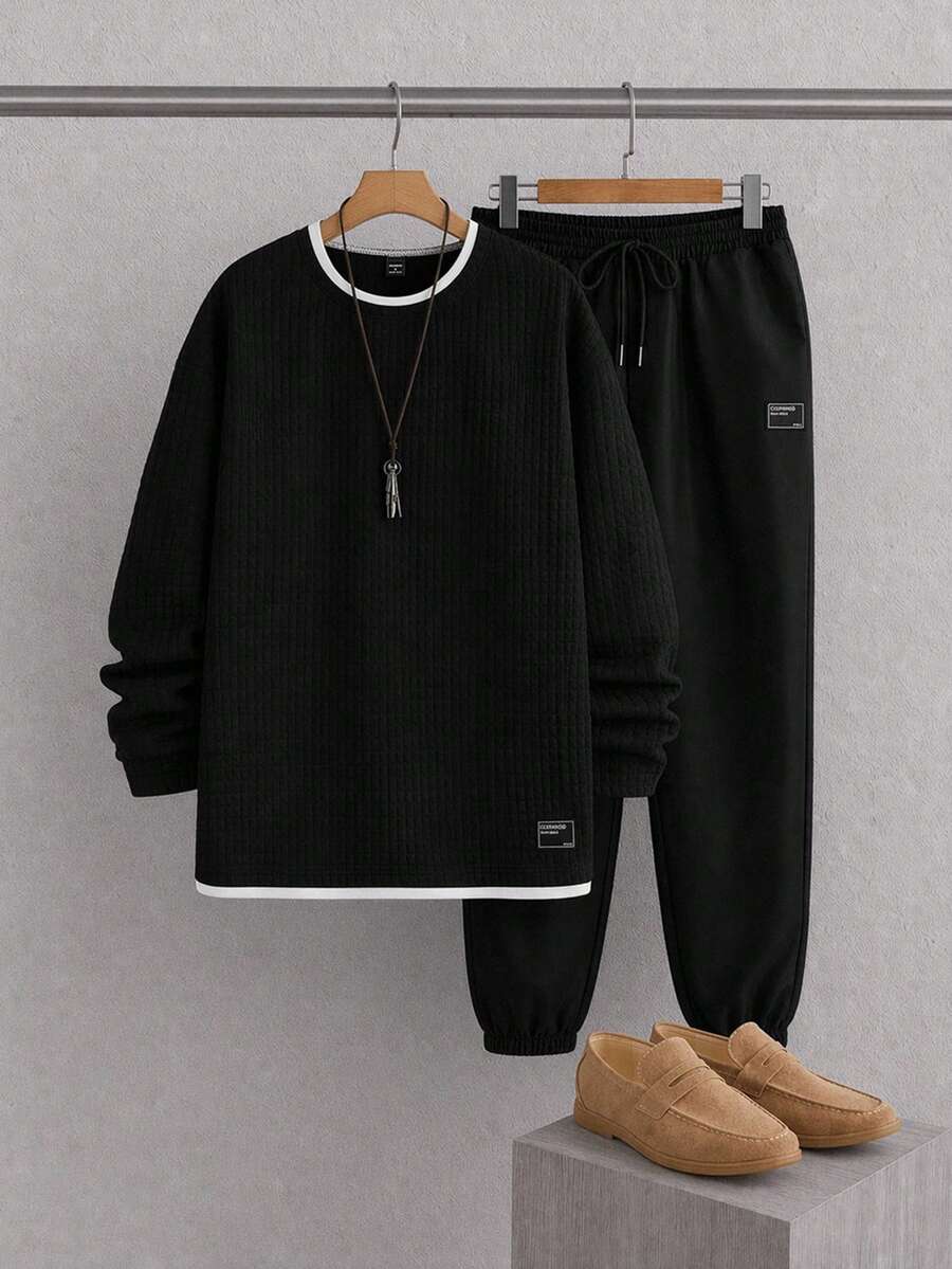 Mainfolk Manfinity Modomio 2pcs Men's Knit Crew Neck Long Sleeve T-Shirt And Pants Set,Black And White Checkered,Autumn,Streetwear,Work,Casual Slim Fit Outfit - Multicolor - View 1