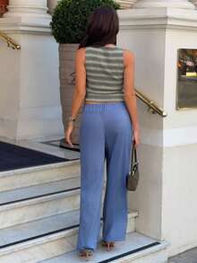 Harriette Anya Women's Casual Commuter Contrast Waistband Straight Leg Pants - Blue - View 2