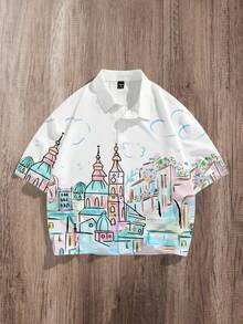 Manfinity Joysei Camisa holgada de corte corto con estampado de graffiti casual para hombre, primavera - Blanco - Ver 1