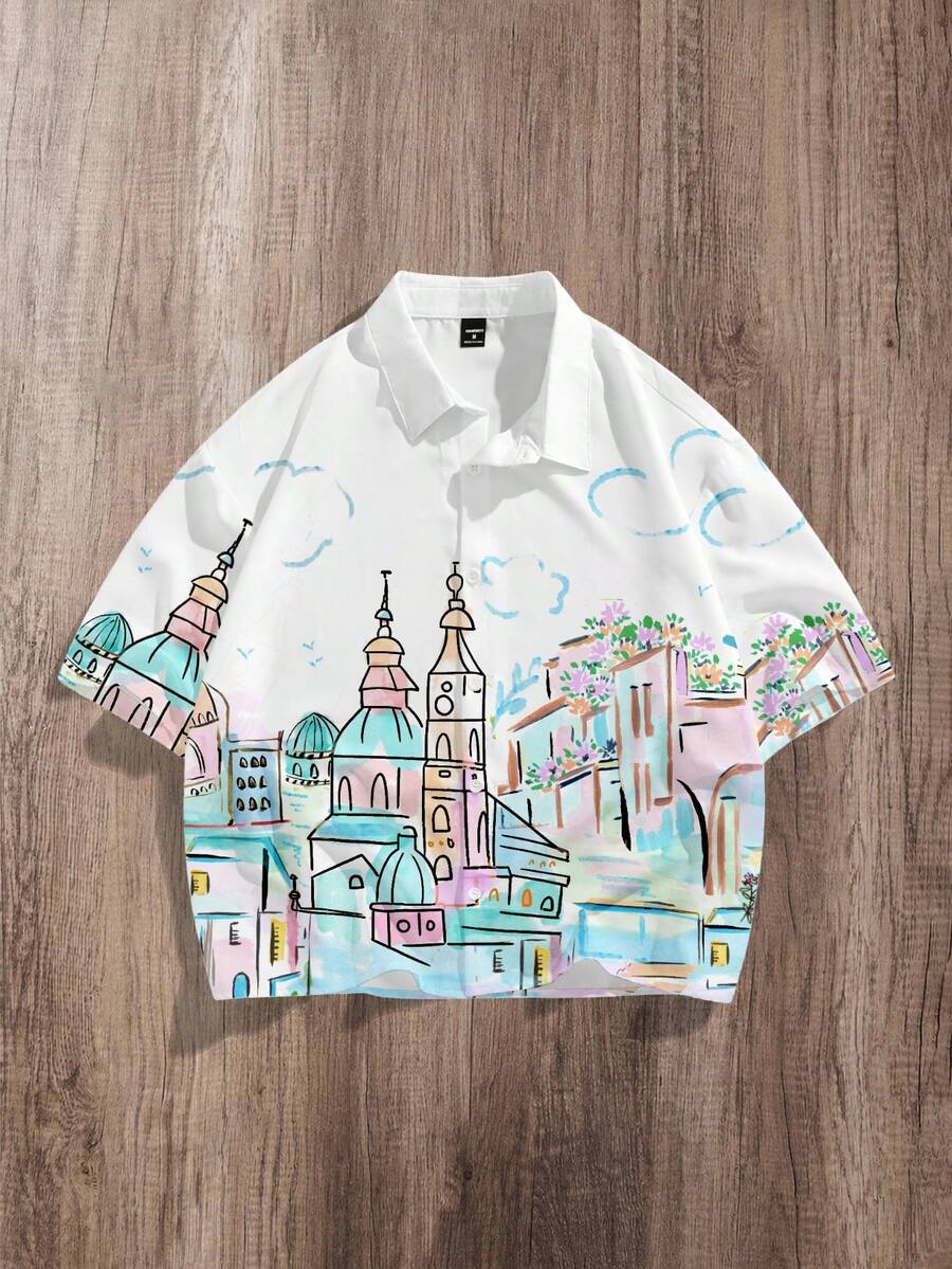 Manfinity Joysei Camisa holgada de corte corto con estampado de graffiti casual para hombre, primavera - Blanco - Ver 1