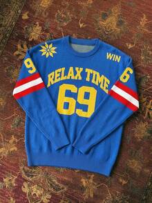 Manfinity Hypemode 男士美式復古條紋字母與數字圖案針織衫 - 寶藍色 - 查看 2