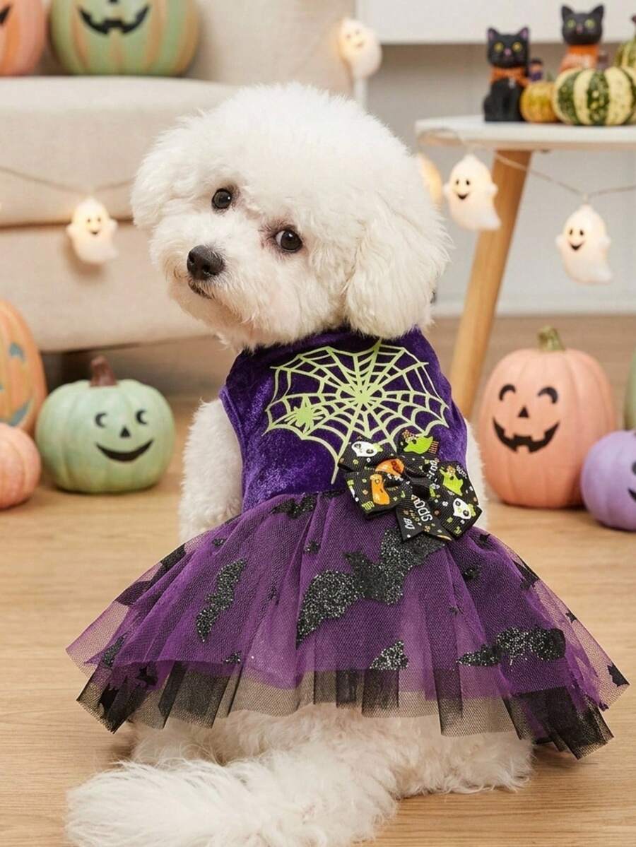 PETSIN 1pc Pet Halloween Purple Velvet Splice Metallic Mesh Spider Print Witch Costume Dress For Cats & Dogs - Multicolor - View 1