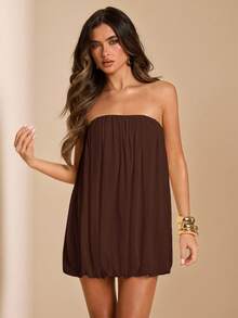 SHEIN BAE Spring/Summer Solid Apricot Tube Top Mesh Puff Mini Dress, Elegant Sexy Ruched Mini Dress - Coffee Brown - View 7