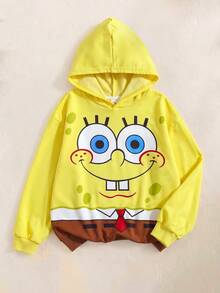 SpongeBob SquarePants | SHEIN Tween Boy Casual Everyday Commute Funny Cute Cartoon Graphic Dropped Shoulder Loose Sweatshirt, Spring/Autumn - Yellow - View 1