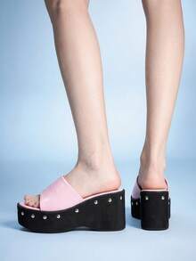 Sugerpunk Women Heeled Sandals With Open-Toed Thick-Soled Locomotive Rivets Slippers - Pink - View 7