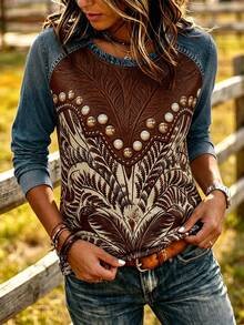 EMERY ROSE T-shirt à manches longues en tricot effet denim avec patchwork géométrique et perles, col rond, style vintage western pour femme, top élégant d'automne, adapté aux vacances - Multicolore - Voir 8