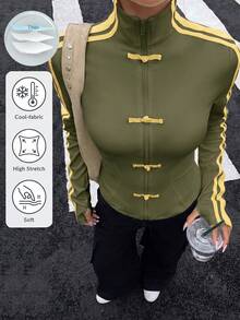 Muchica Army Green Spring/Summer New Women's Knit Sporty Style Ribbon & Button Design Sun Protection Thin Jacket - Army Green - View 1