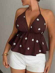 Dazy Plus Summer Vacation Style Floral Embroidered All-Over Print Spaghetti Strap Camisole Minimalist Sexy Casual Early Autumn Tank Top Going Out Tops - Brown - View 7