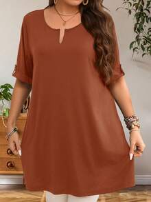 EMERY ROSE Plus Size Women's Early Spring Short Sleeve Long Length Army Green T-Shirt - Rust Brown - View 3