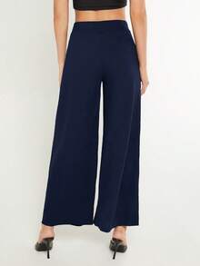 SHEIN BASICS 女款純色時尚百搭寬鬆寬腿褲 夏季女裝套裝 - 藏蓝色 - 查看 2