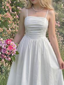 SHEIN MOD 大码女士休闲纯色褶皱吊带连衣裙，夏季，白色中长连衣裙，白色吊带裙，女仆装，白色太阳裙，白色复古连衣裙，白色教堂连衣裙，白色毕业礼服，优雅白色连衣裙，白色新娘送礼会连衣裙，褶皱连衣裙，新娘送礼会礼服，女士婚礼礼服，参加婚礼的连衣裙，优雅套装 - 白色 - 查看 8