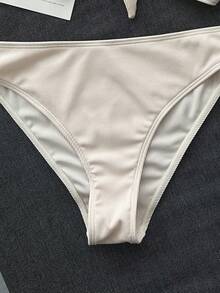 Swim Mod 女款純色羅紋比基尼套裝，兩件式泳衣，雙肩帶設計，胸前蝴蝶結裝飾，高腰，休閒海灘度假泳裝 - 米色 - View 7