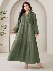 Al Najma 大尺碼女款缺口V領休閒日常夏季洋裝 - 軍綠色 - 查看 4