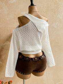 Soleia Women's Solid Color Asymmetric Collar Long Sleeve Hollow Out Loose Knit Sweater - White - View 2