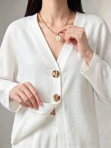 SHEIN Jaket Tipis Lengan Raglan Minimalis Elegan untuk Wanita, Cocok untuk Musim Semi/Gugur, Warna Polos, Gesper Logam, Lengan Raglan, Cocok untuk Pakaian Sehari-hari. - Putih - View 4