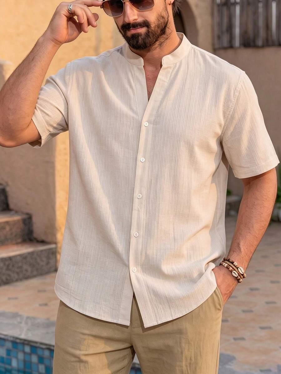 VENTUSAIL 男士短袖襯衫，紋理條紋缺口領襯衫，休閒日常通勤上衣，儀式場合