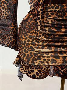 BamGleam Top sexy Y2K pour femme, taille cintrée contrastée, imprimé léopard rétro, manches longues évasées et côtés transparents - Tabac - Voir 6