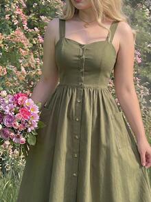 SHEIN MOD Plus Size Summer Casual Solid Color Front Button Pocket Strap Dress - Army Green - View 2