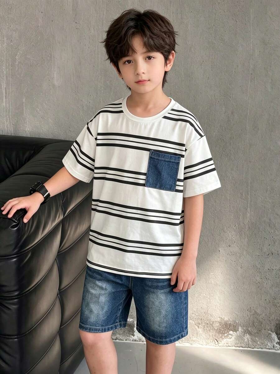 SHEIN Mirajuku 青少年男童时尚条纹印花T恤和牛仔短裤套装,夏季 - 藍色 - 查看 1