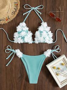 Swim Mod 女款夏季海灘3D花朵裝飾掛脖綁帶性感比基尼三角泳褲兩件式泳衣套裝 - 藍色 - 查看 6