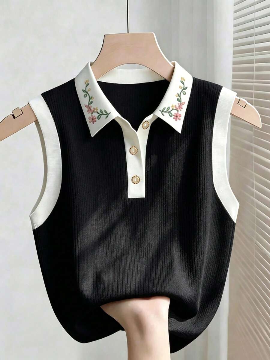Franclia 女款復古花卉撞色 Polo 背心,直條紋羅紋無袖修身內搭黑色上衣 - 彩色 - 查看 1
