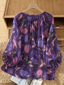 Linhara 復古V領燈籠袖度假風寬鬆休閒大尺碼女款襯衫 - 紫色 - 查看 2